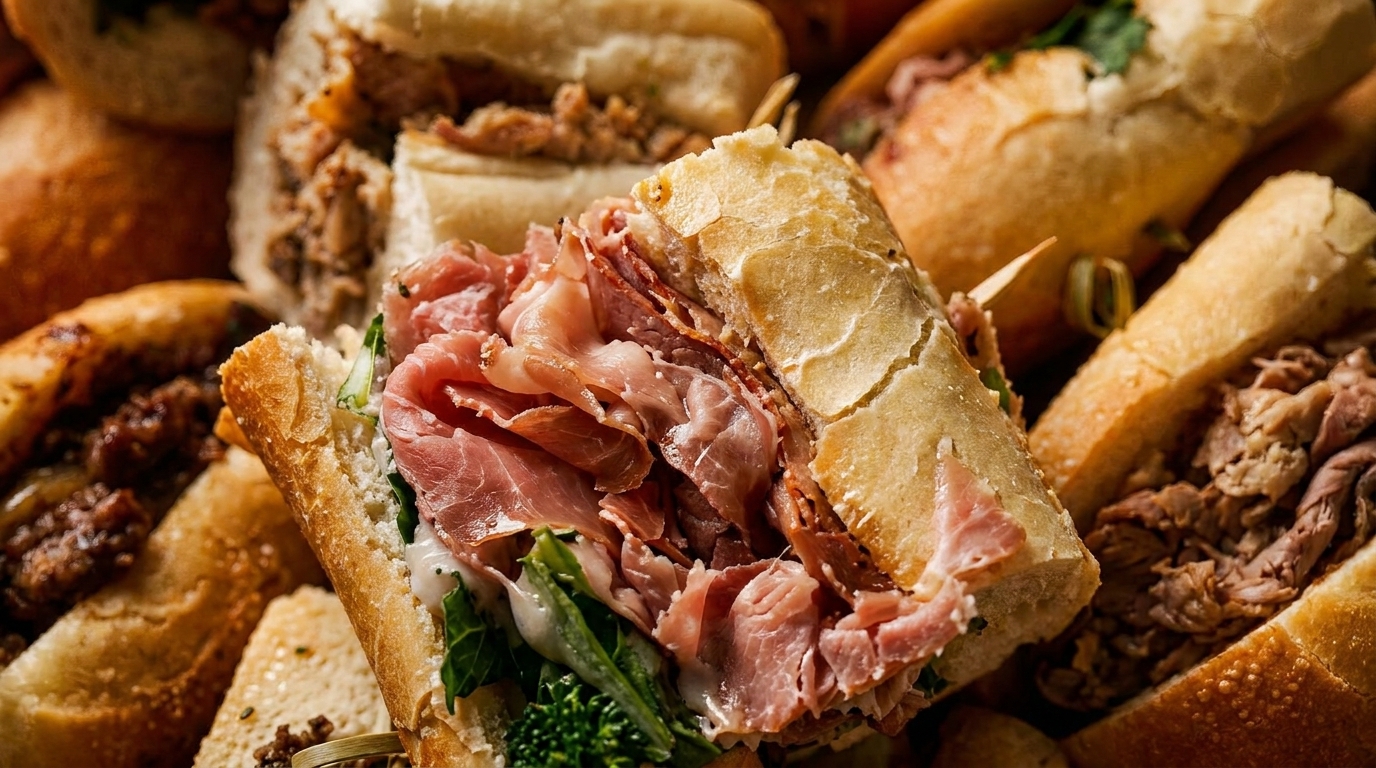 Close-up of a variety of gourmet sandwiches, including one with prosciutto and another with roast beef.