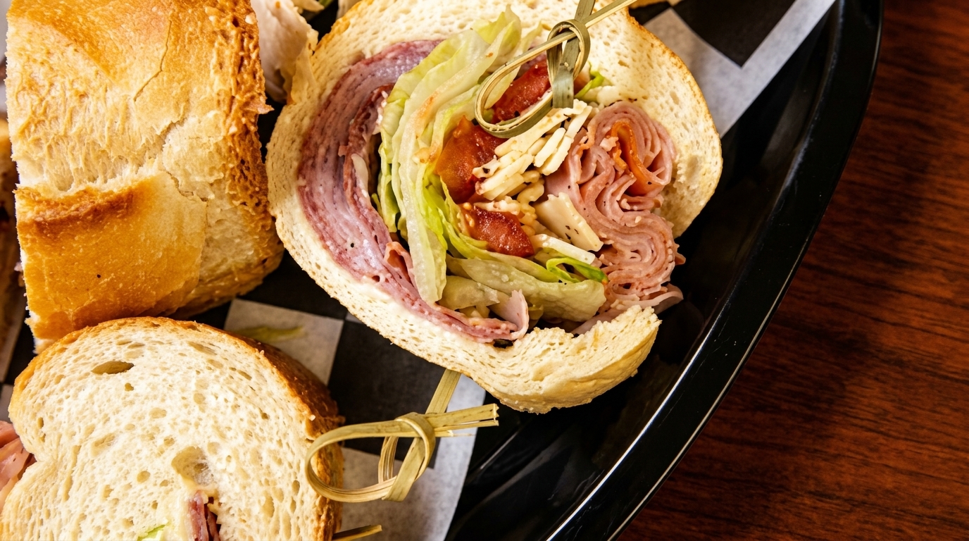 Two Italian sub sandwiches with meats, cheese, lettuce, and tomatoes on a black tray.