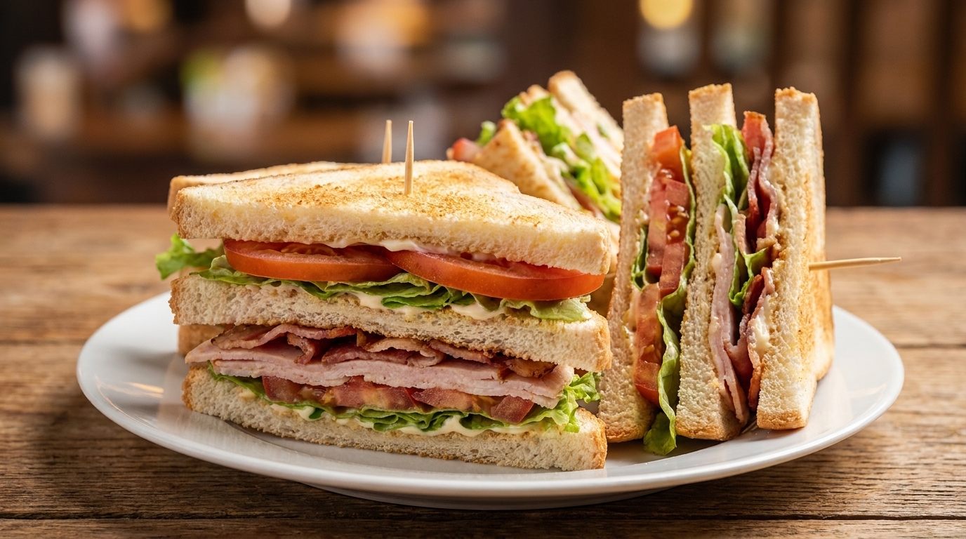 Two club sandwiches with bacon, ham, lettuce, and tomato on toasted bread, served on a white plate.