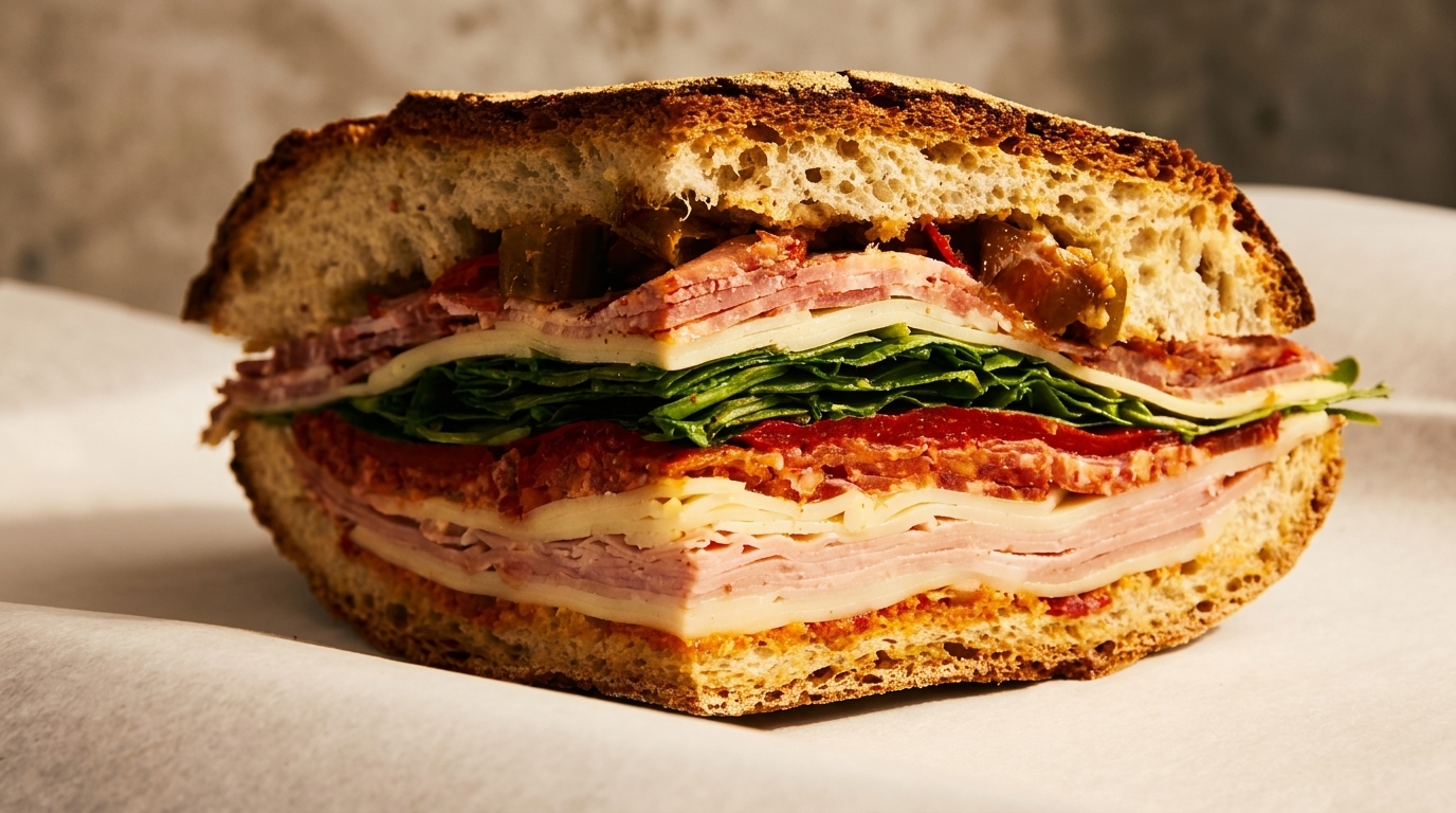 A large, sliced Italian sub sandwich filled with meats, cheeses, lettuce, and peppers.