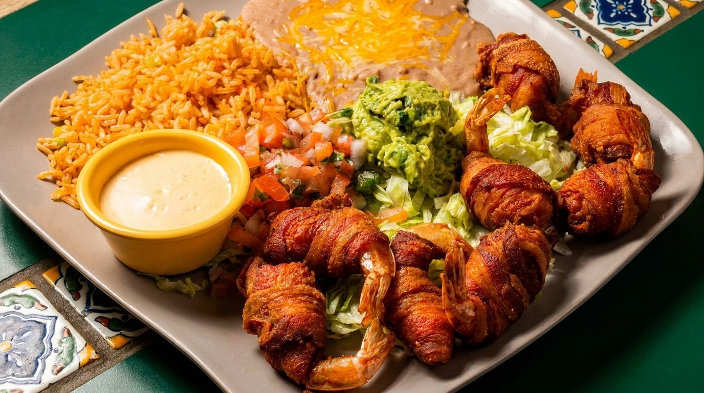A plate of bacon-wrapped shrimp, rice, refried beans, guacamole, pico de gallo, and dipping sauce.