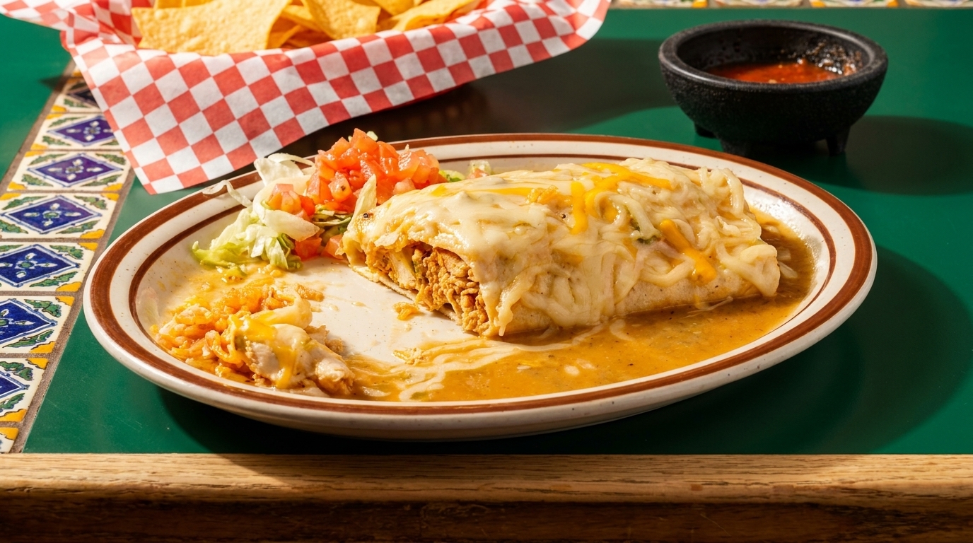 A chicken burrito covered in melted cheese and sauce, with a side of rice, lettuce, and pico de gallo.