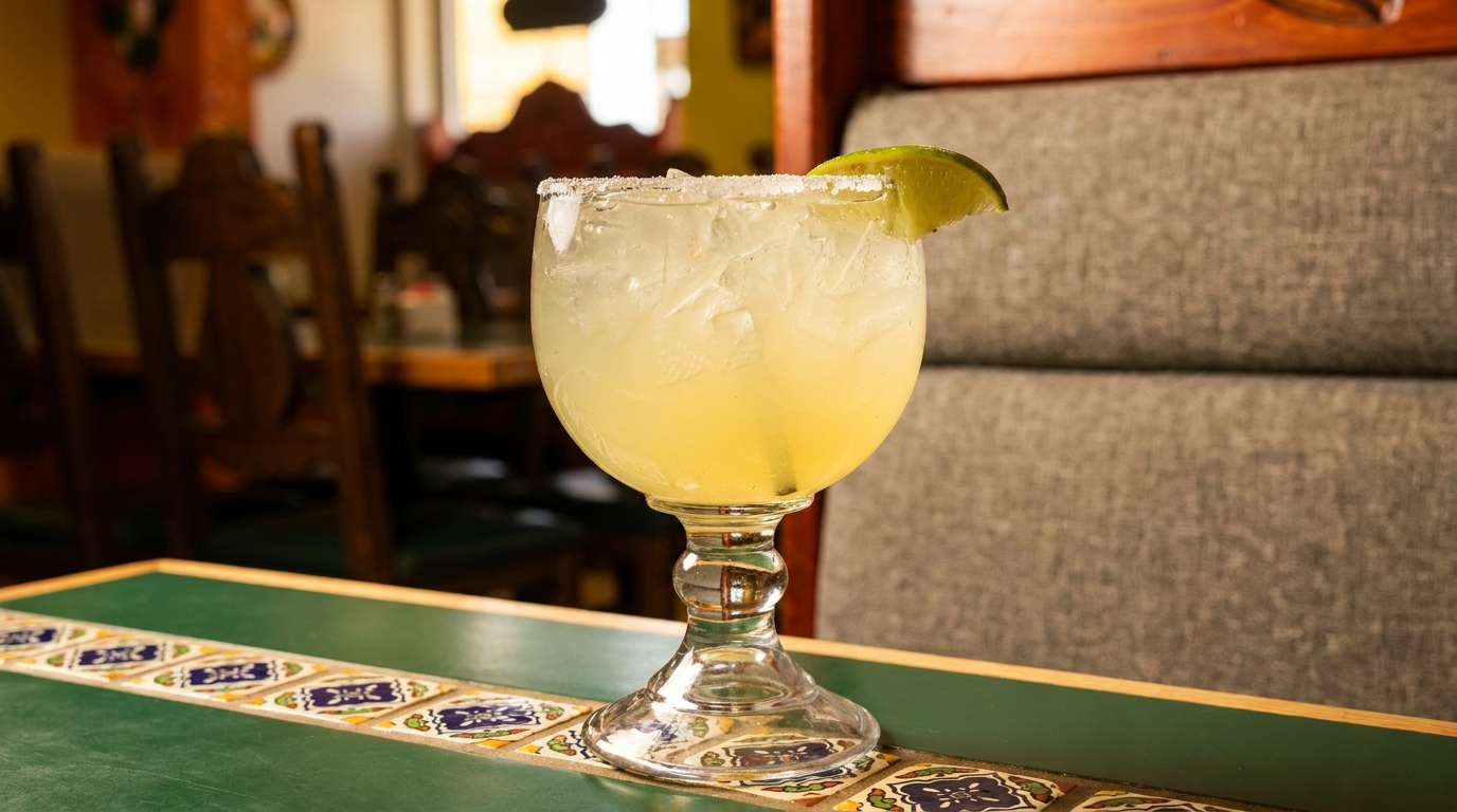 A refreshing margarita with a salted rim and lime wedge on a tiled table in a restaurant.