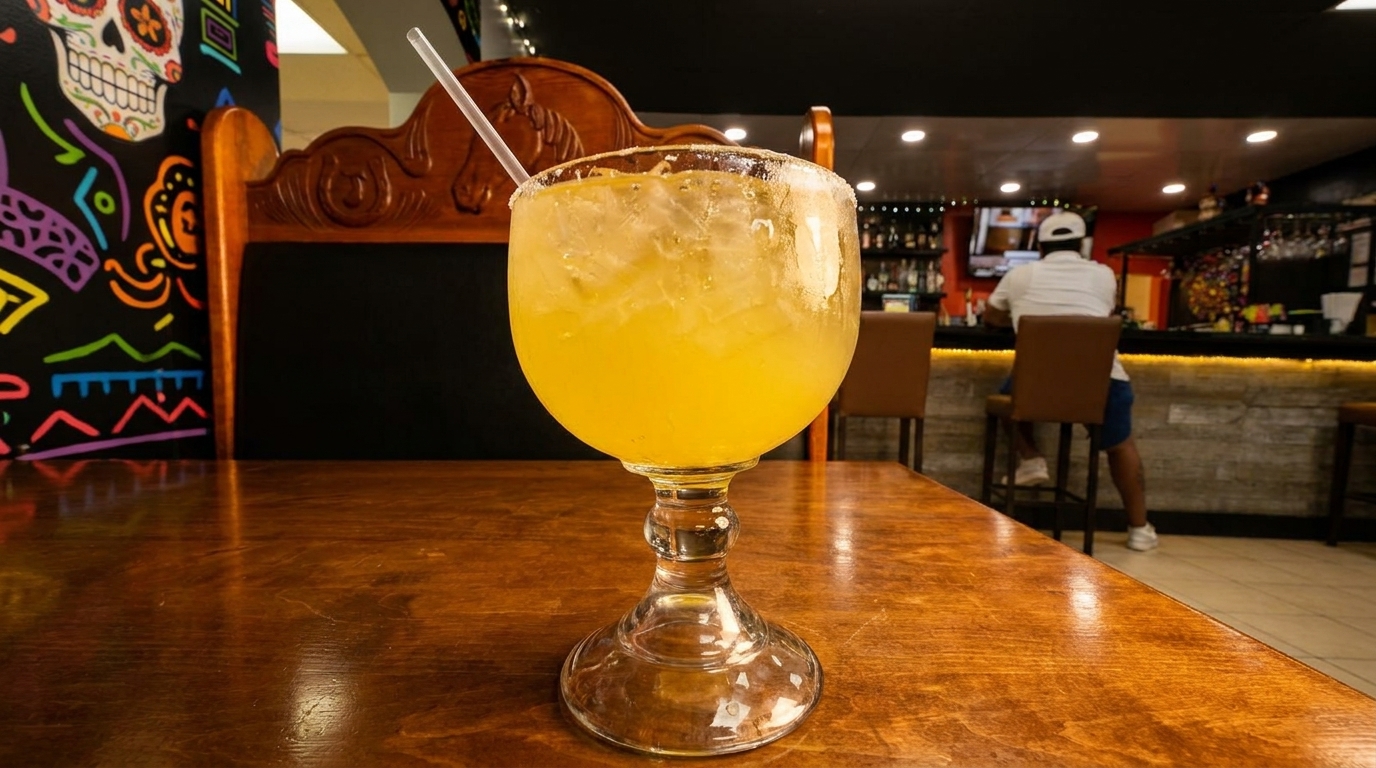 A large, frosty margarita with a salted rim on a wooden table in a vibrant restaurant.
