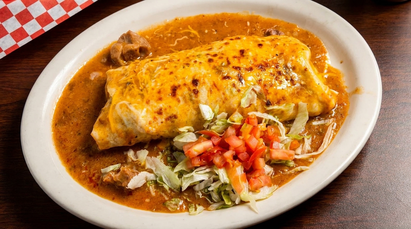 A large, cheesy burrito smothered in red sauce, topped with lettuce and diced tomatoes.