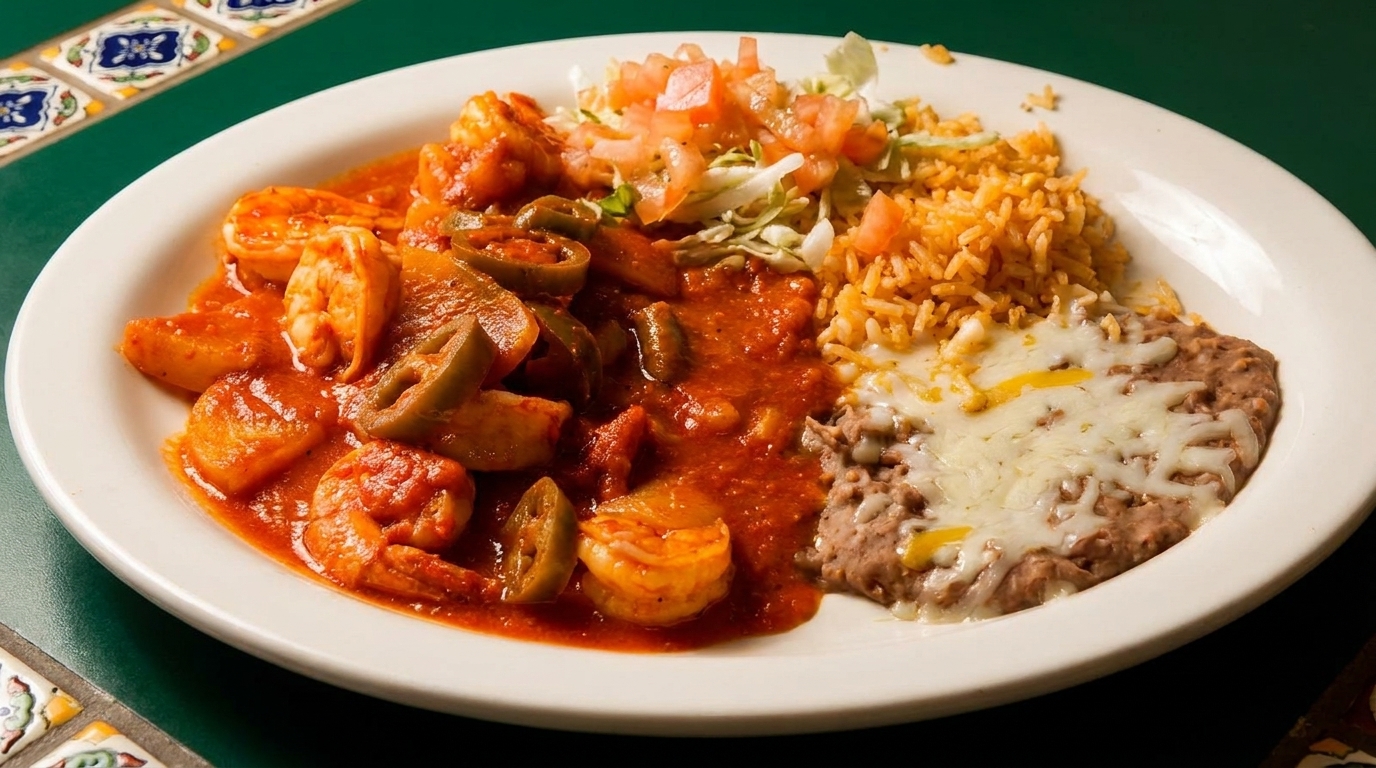 Spicy shrimp with jalapeños in red sauce, rice, refried beans with cheese, and salad.