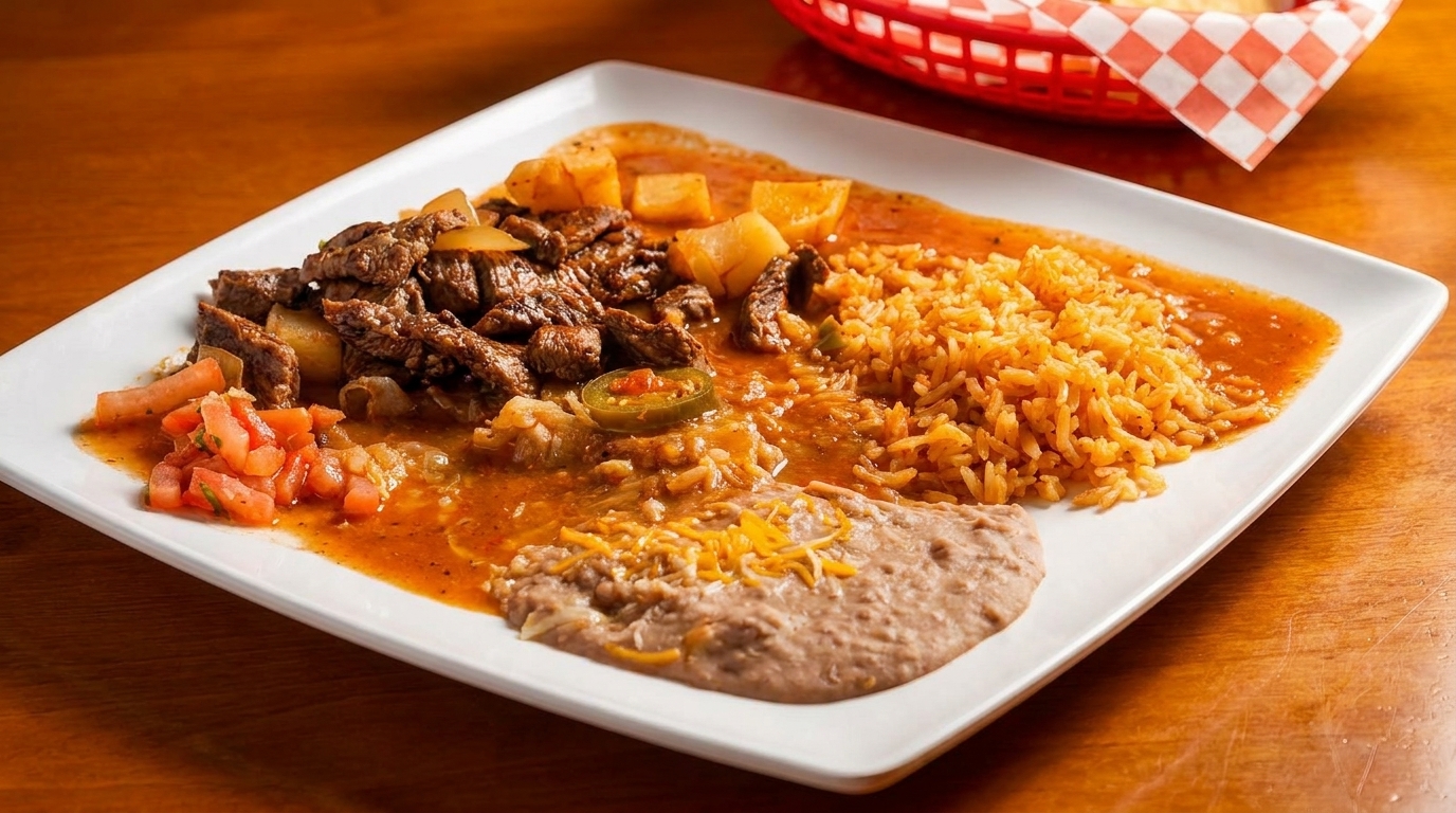 A white plate with steak, rice, refried beans, pico de gallo, and jalapeños in sauce.