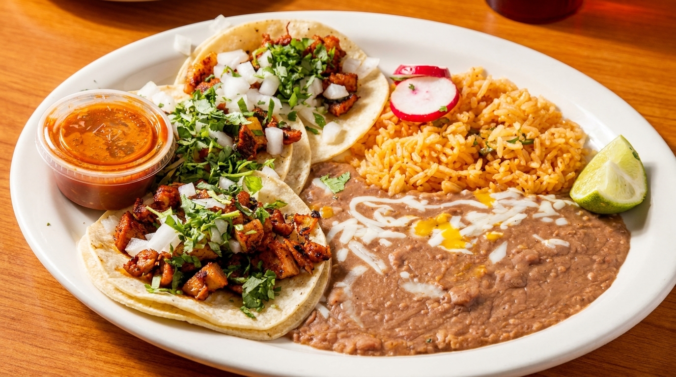Three tacos al pastor with rice, refried beans, lime, radish, and a side of salsa.