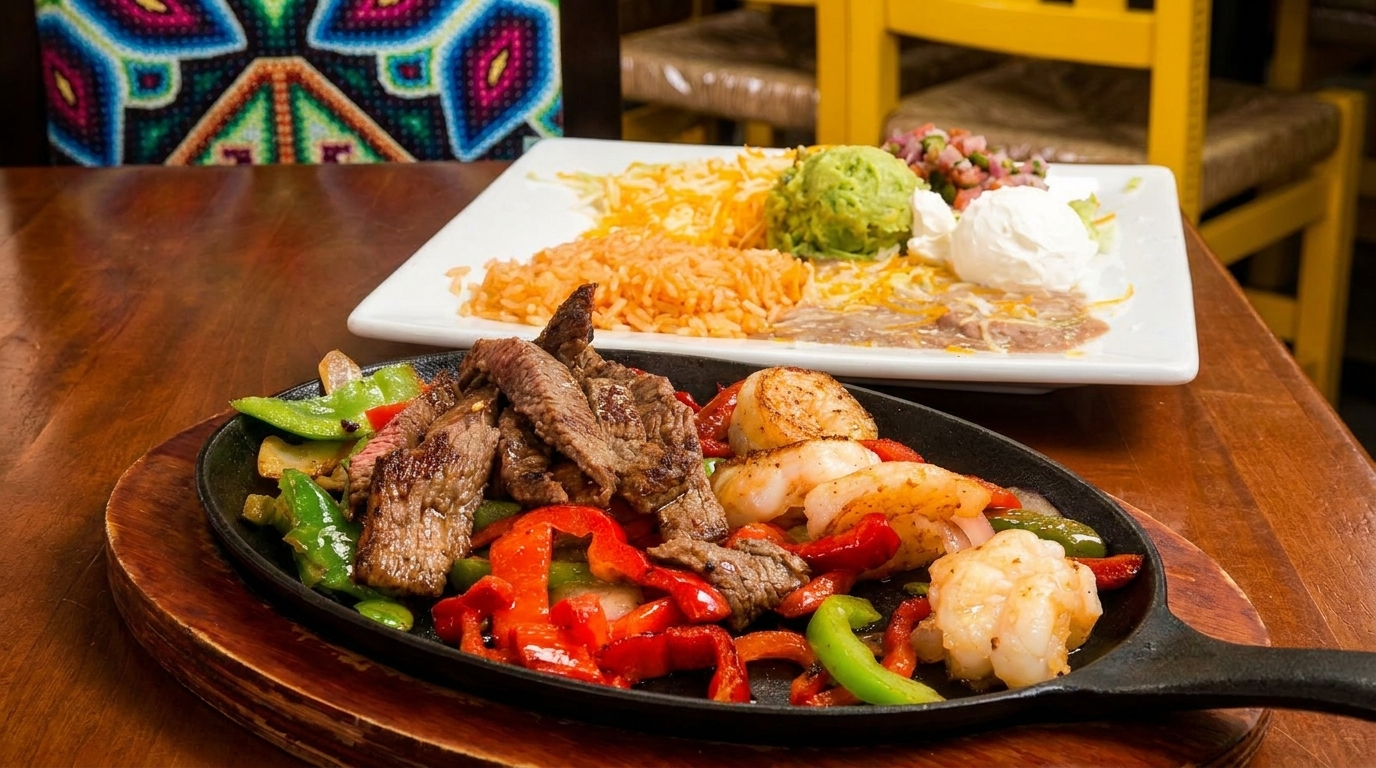 Sizzling steak and shrimp fajitas with bell peppers, alongside a plate of rice, beans, guacamole, and sour cream.