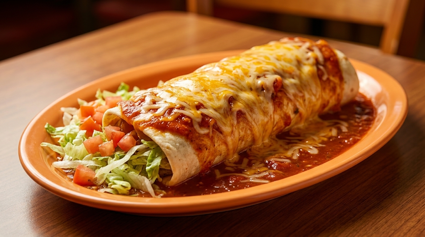 A large, cheesy burrito covered in red sauce, served with shredded lettuce and diced tomatoes.