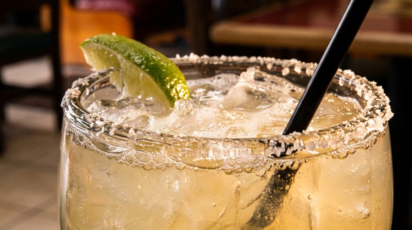 Close-up of a margarita with a salted rim, lime wedge, and black straw.