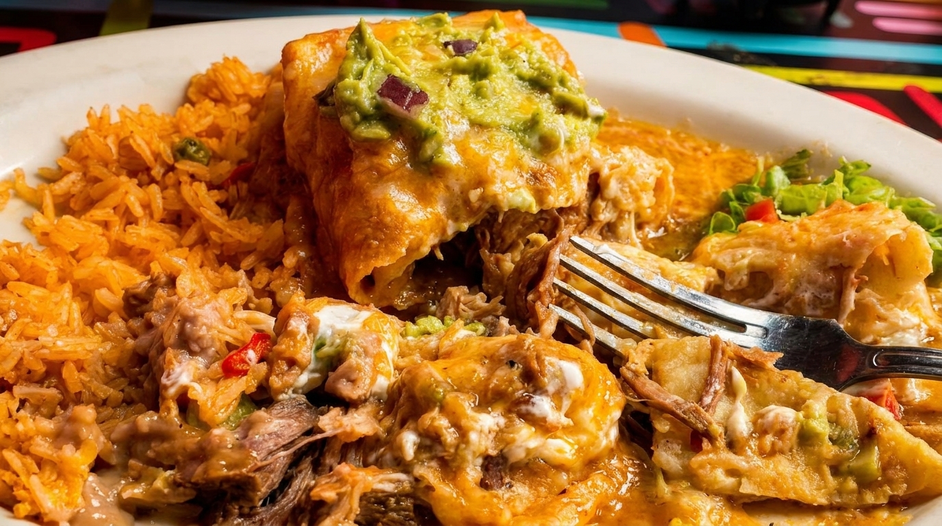 Close-up of a burrito with guacamole, rice, and refried beans on a white plate, with a fork.