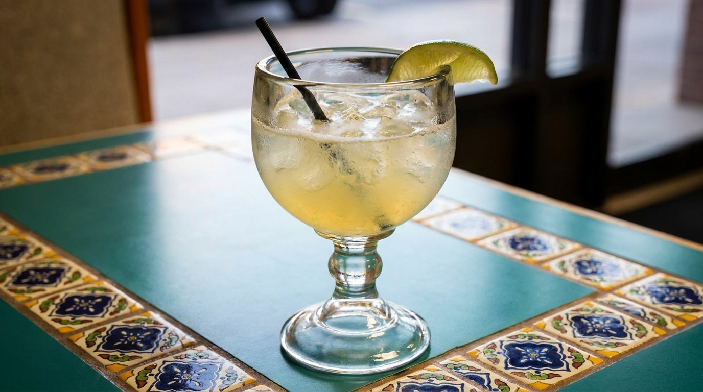 A refreshing margarita with a lime wedge and black straw on a teal tiled table.