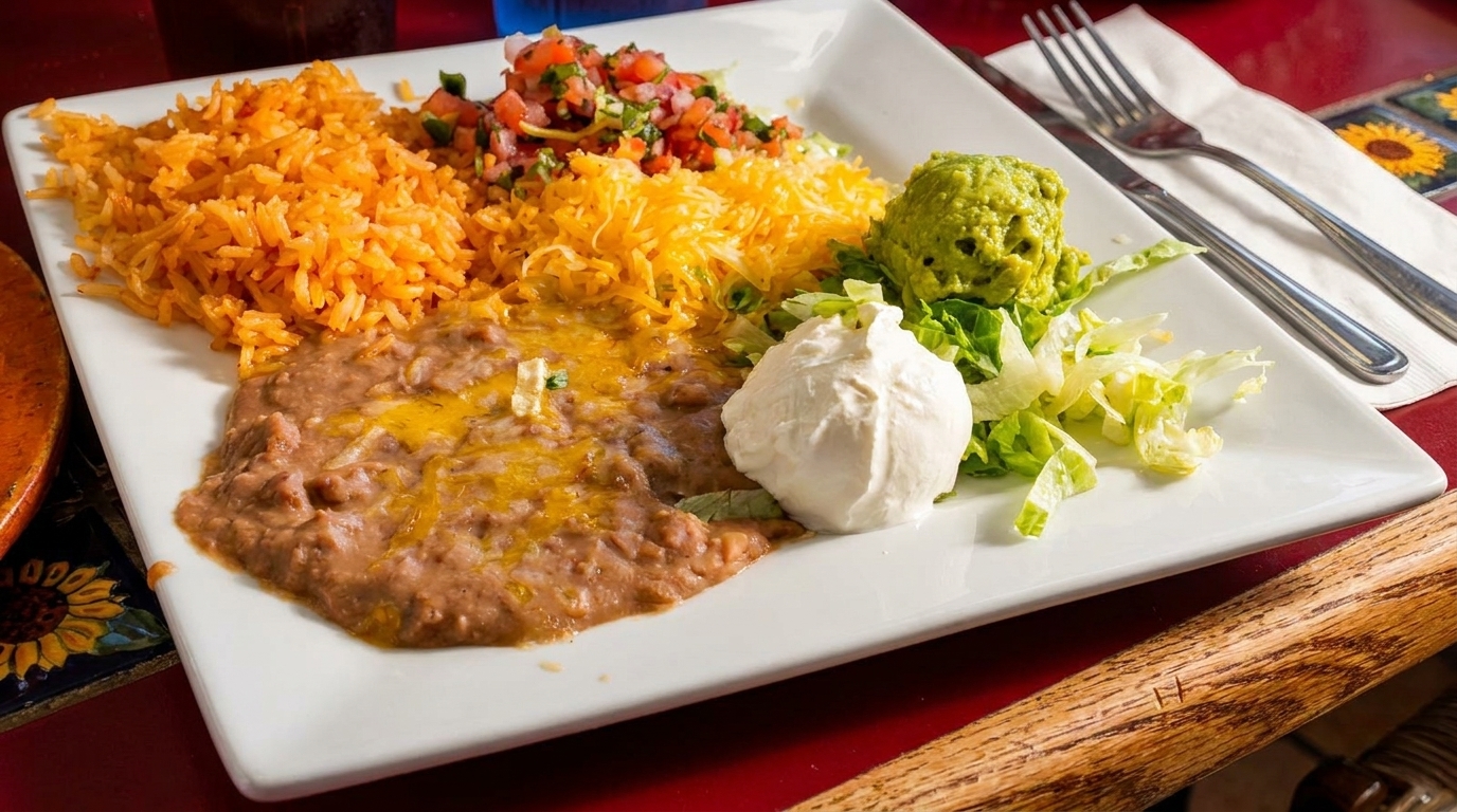 A white plate with Mexican food including rice, beans, cheese, pico de gallo, guacamole, and sour cream.