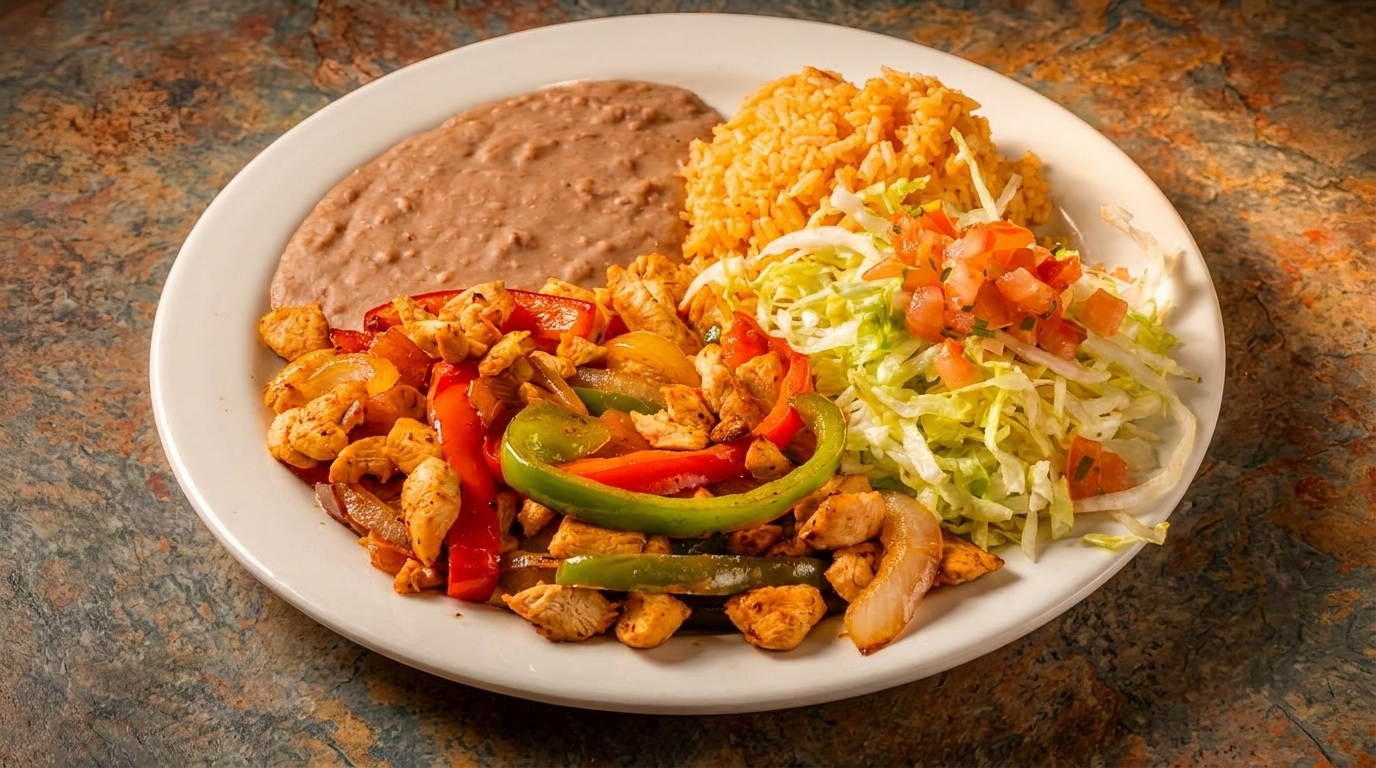 Chicken fajitas with bell peppers, onions, rice, refried beans, shredded lettuce, and diced tomatoes.
