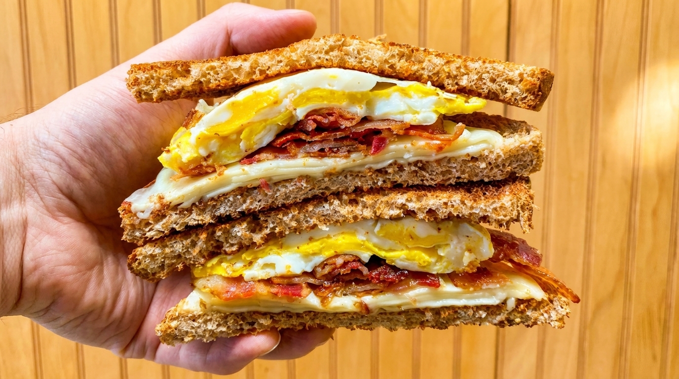 A hand holds a stacked breakfast sandwich with bacon, fried eggs, and cheese on toasted bread.