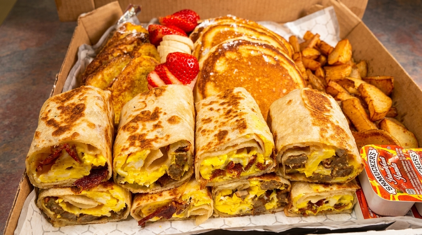 Breakfast box with burritos, pancakes, French toast, home fries, strawberries, and bananas.