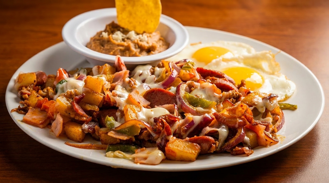 Hearty breakfast plate with cheesy potatoes, sausage, peppers, onions, two fried eggs, and refried beans.