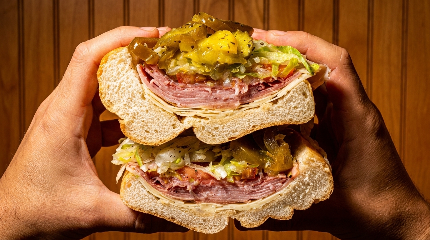 Hands holding a large, sliced Italian sub sandwich filled with meats, cheese, lettuce, tomatoes, and peppers.