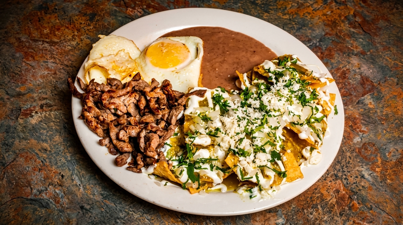 A plate of chilaquiles with green sauce, steak, refried beans, and two fried eggs.