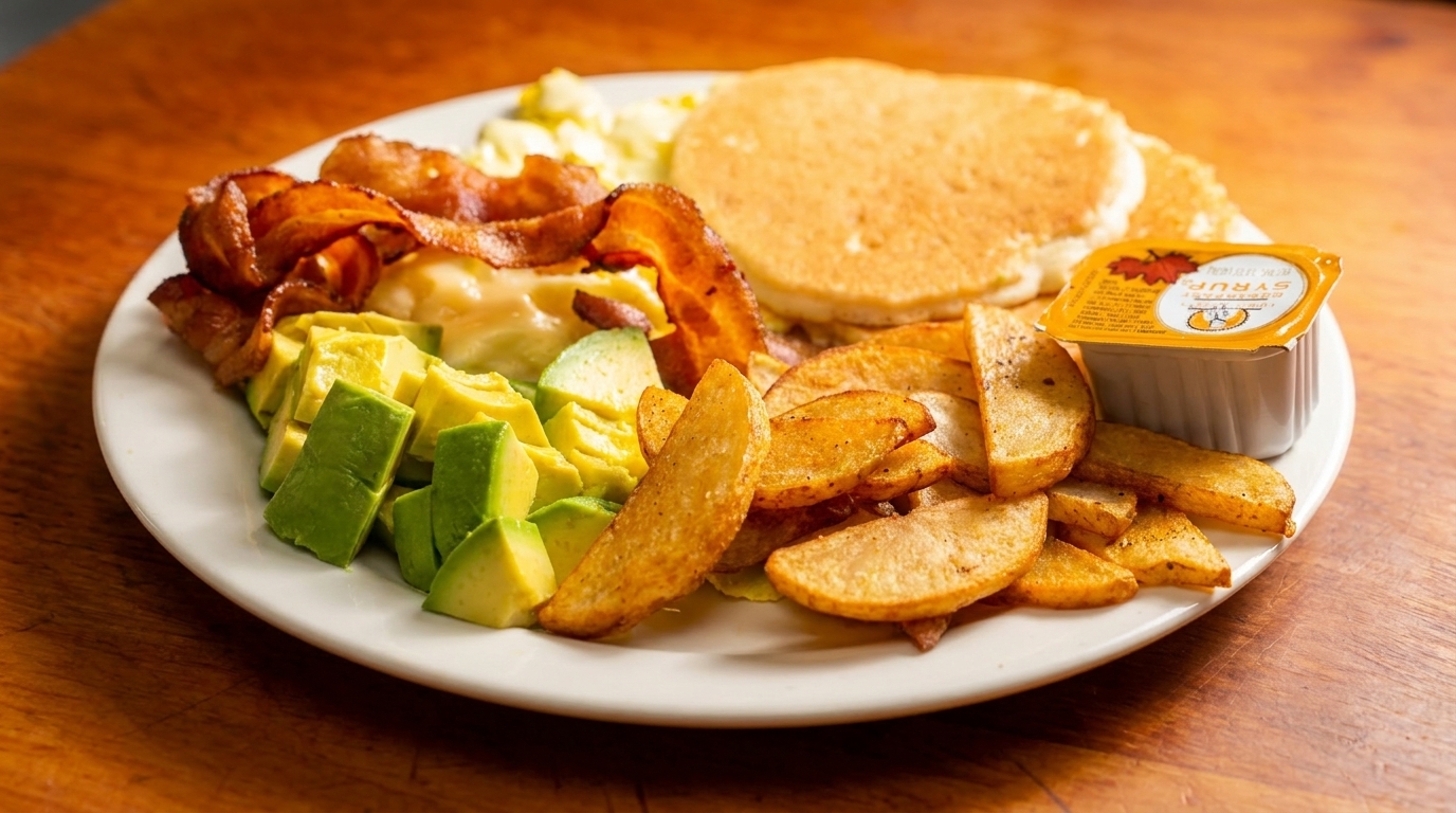 Breakfast platter with pancakes, bacon, scrambled eggs, avocado, home fries, and syrup.