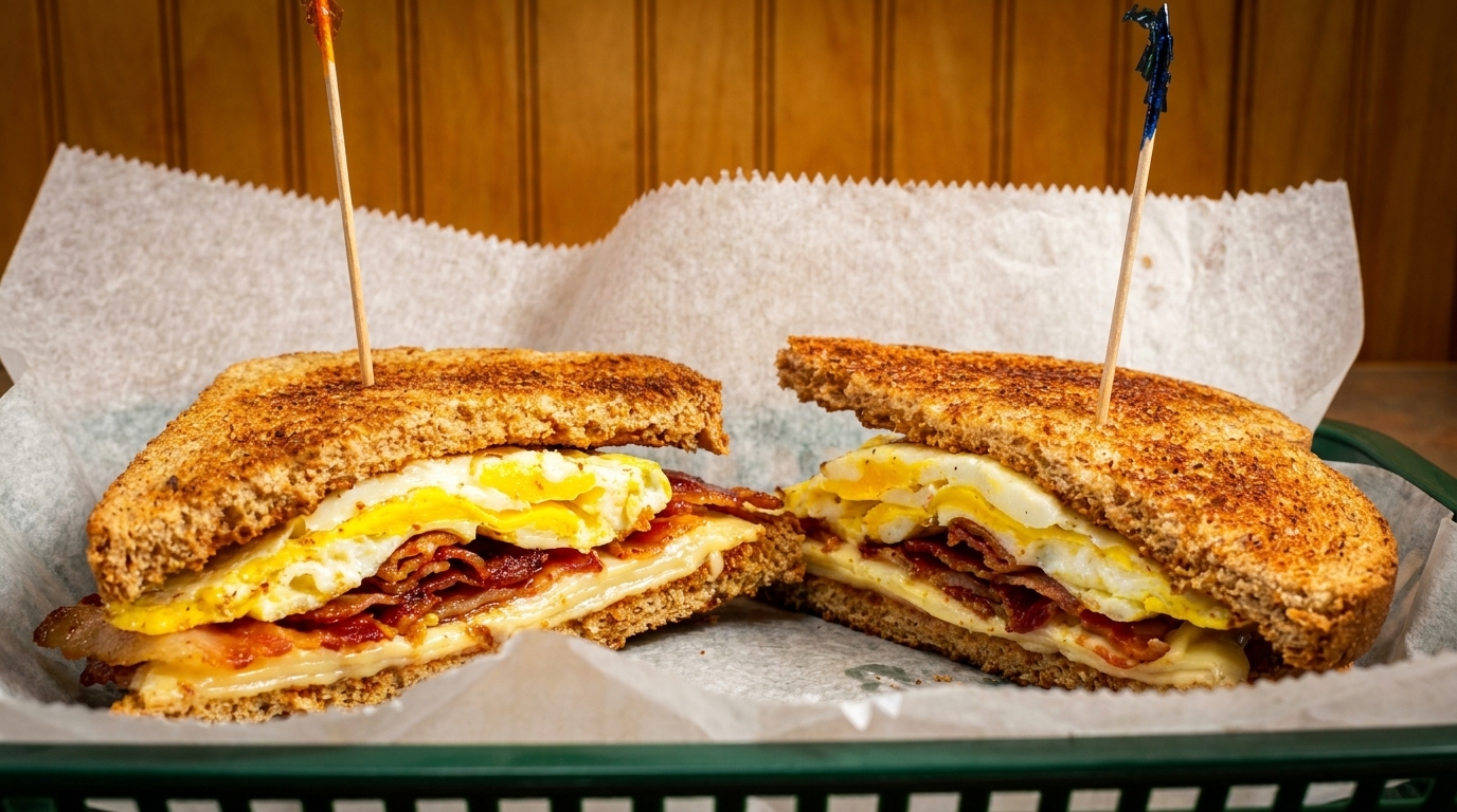 Two halves of a toasted breakfast sandwich with bacon, egg, and cheese in a green basket.