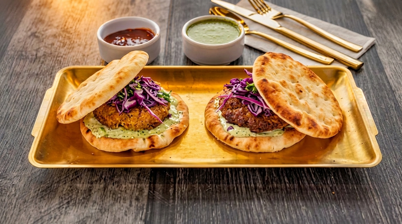 Two naan bread sandwiches with patties, green sauce, and red cabbage, served with dips.