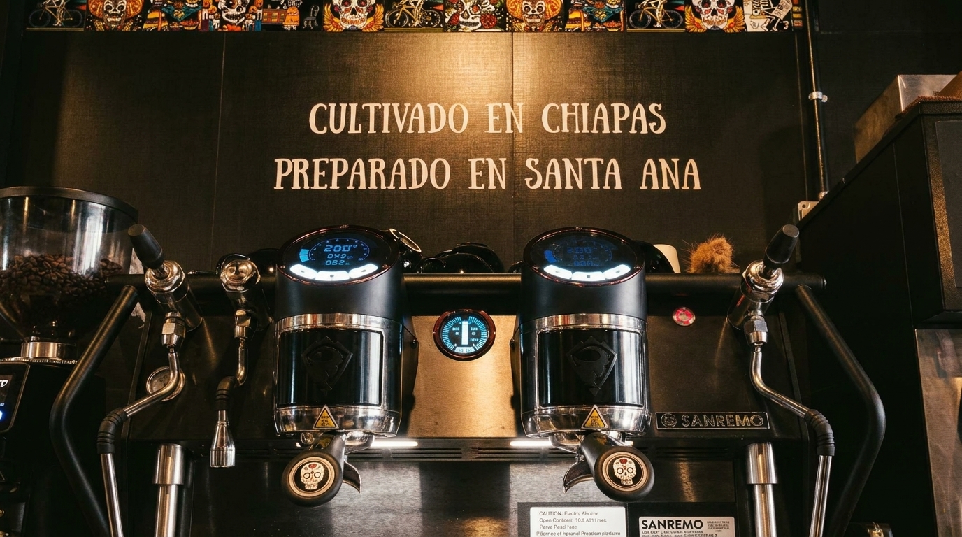 A Sanremo espresso machine with "CULTIVADO EN CHIAPAS PREPARADO EN SANTA ANA" written on the wall.