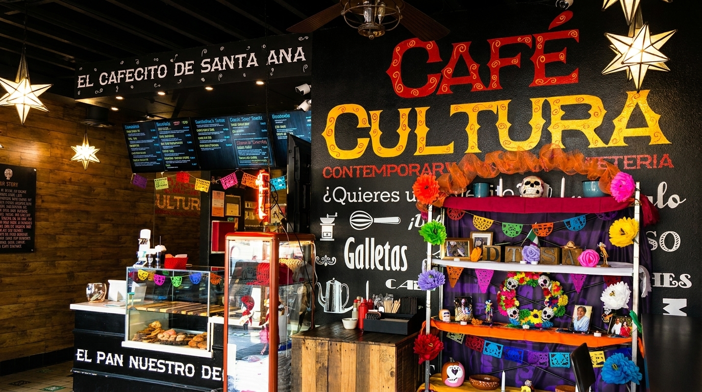 A vibrant Cafe Cultura interior with a pastry display, menu boards, and colorful Day of the Dead decorations.