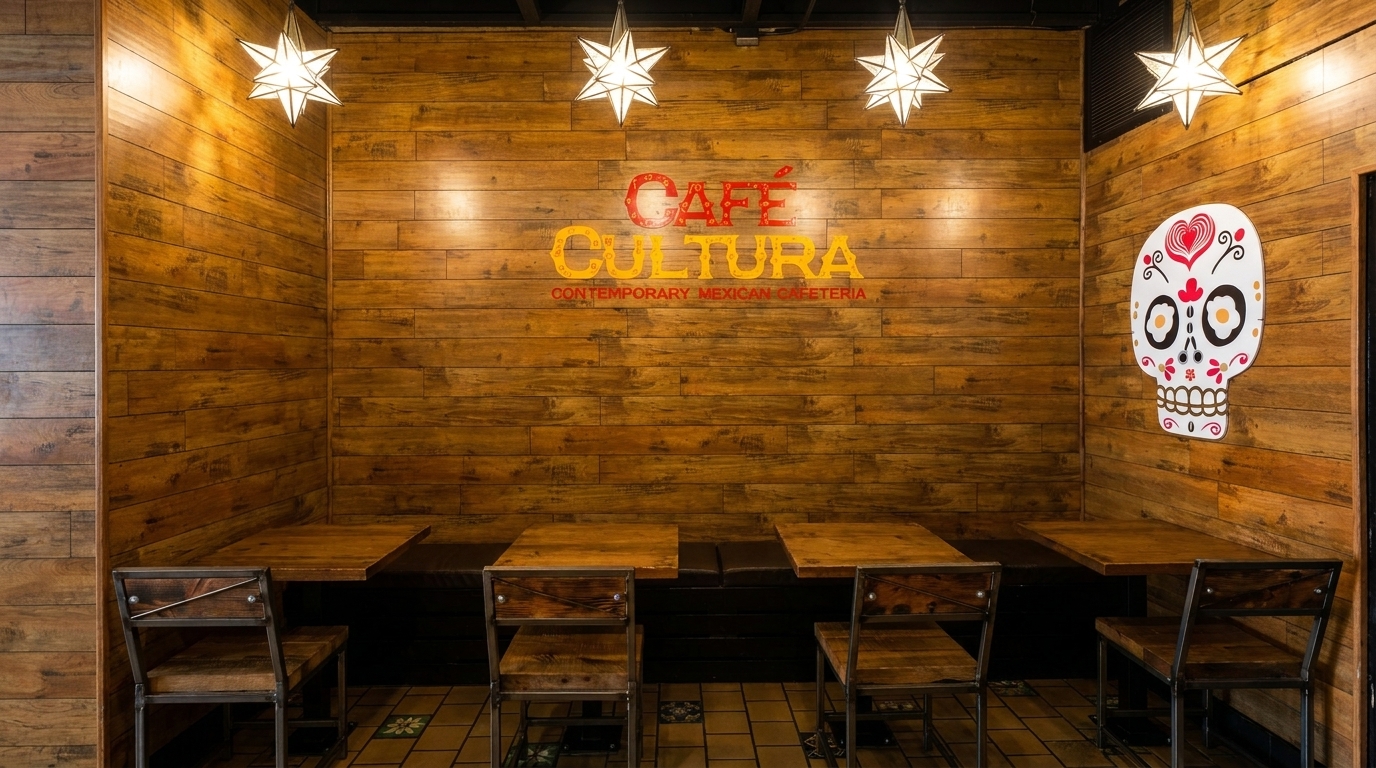 Cafe Cultura restaurant interior with wooden walls, star lights, tables, chairs, and a sugar skull decoration.