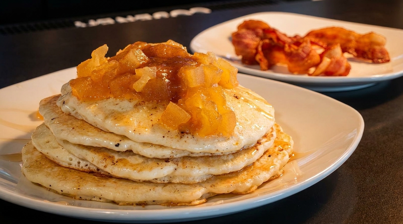 Stack of pancakes topped with apple compote and syrup, with a side of bacon.