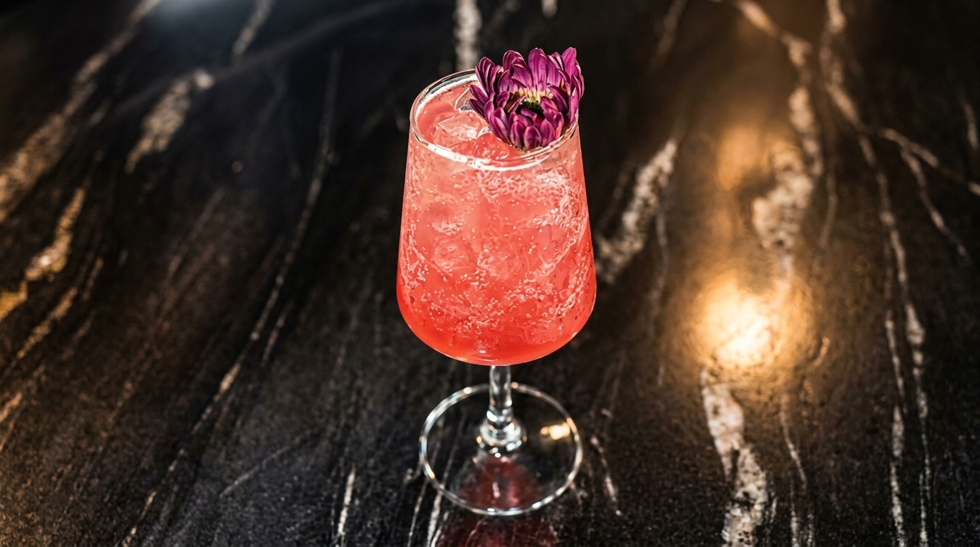 A vibrant pink cocktail with ice and a purple flower garnish sits on a dark marble surface.