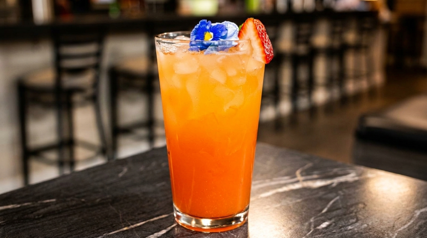 Orange cocktail with ice, garnished with a strawberry and blue edible flowers on a dark marble table.