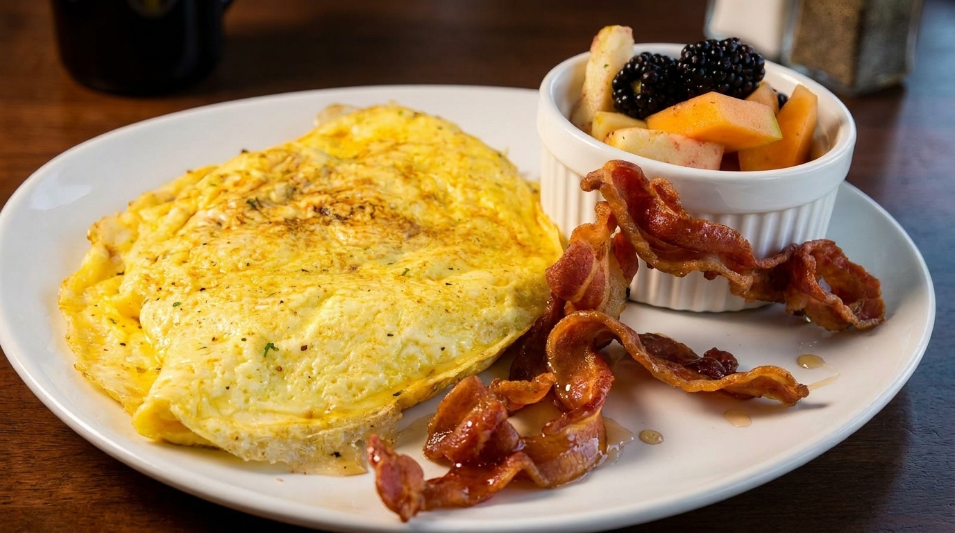 A fluffy omelet, crispy bacon, and a side of fresh fruit with blackberries on a white plate.