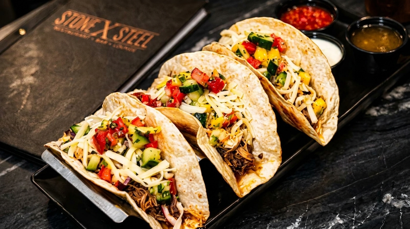 Four Stone X Steel tacos with meat, cheese, and fresh salsa, served with dipping sauces.