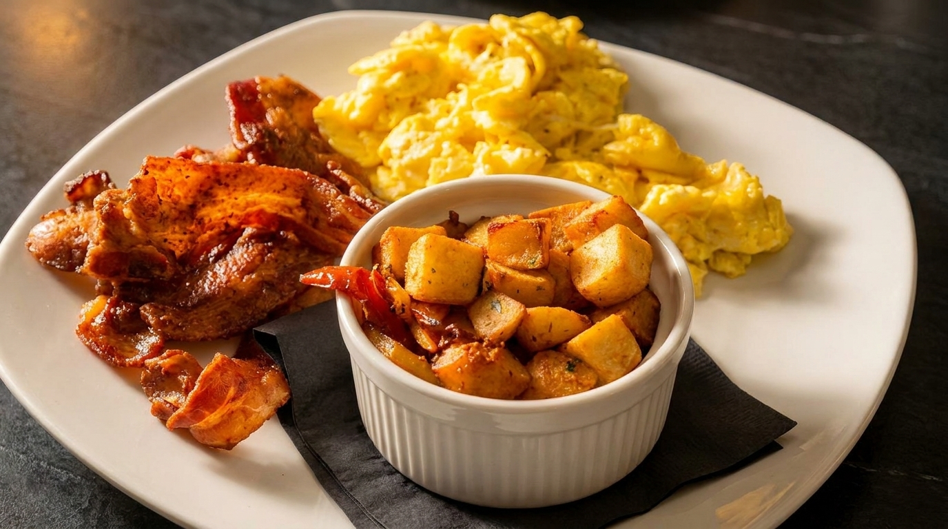 A white plate with scrambled eggs, crispy bacon, and a side of roasted potatoes.