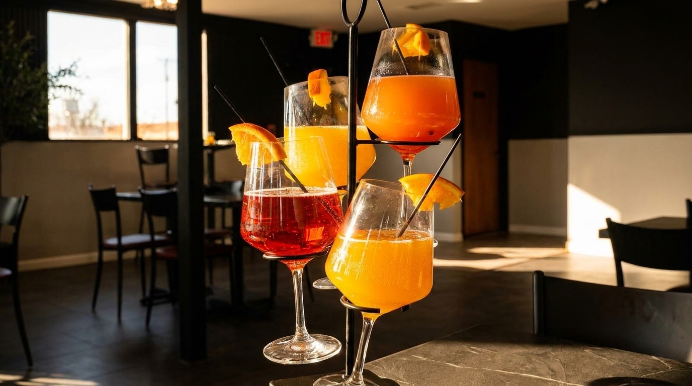 Four colorful cocktails in wine glasses with orange slices and straws on a metal stand.