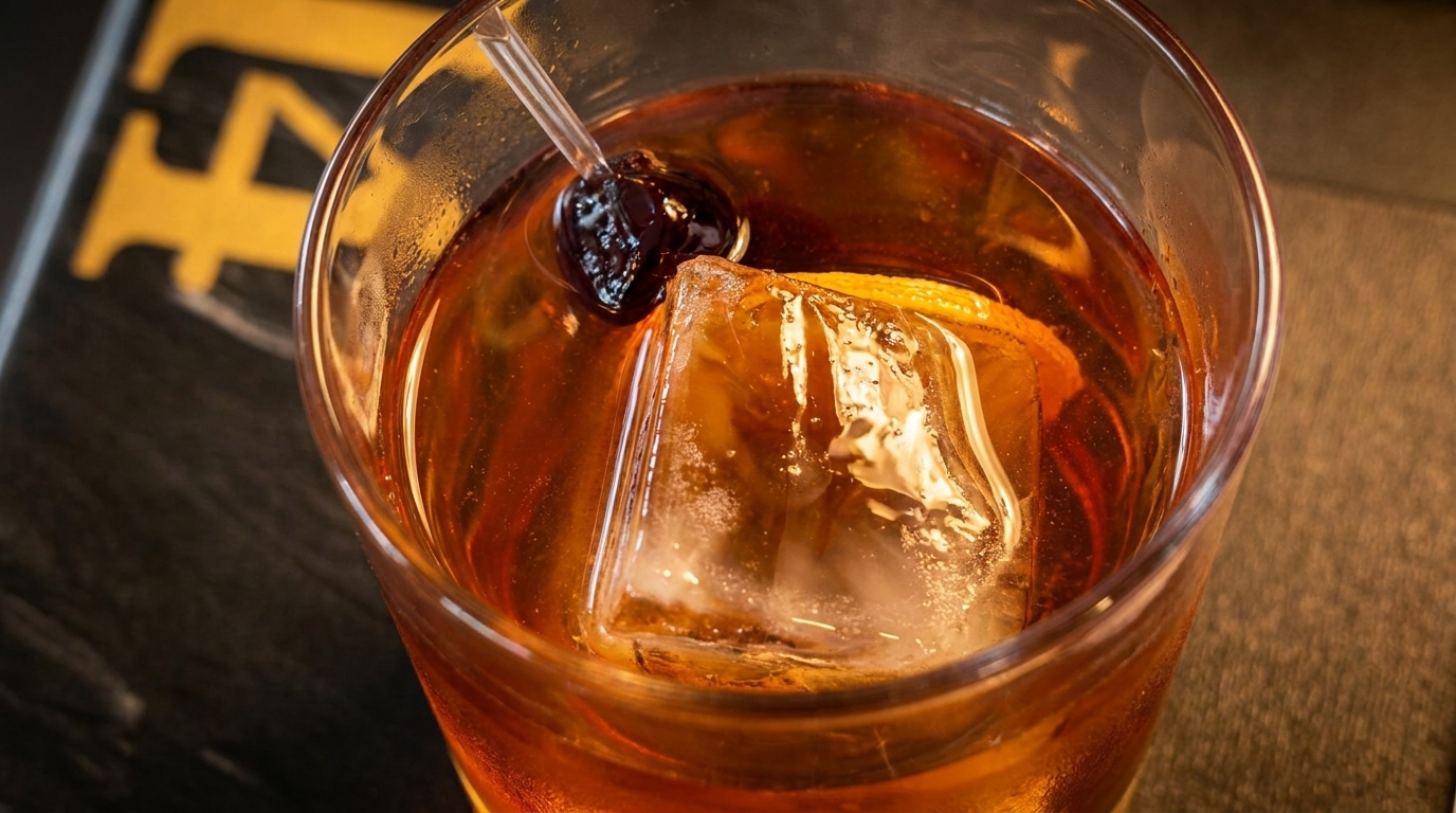 Close-up of an Old Fashioned cocktail with a large ice cube, orange peel, and cherry.