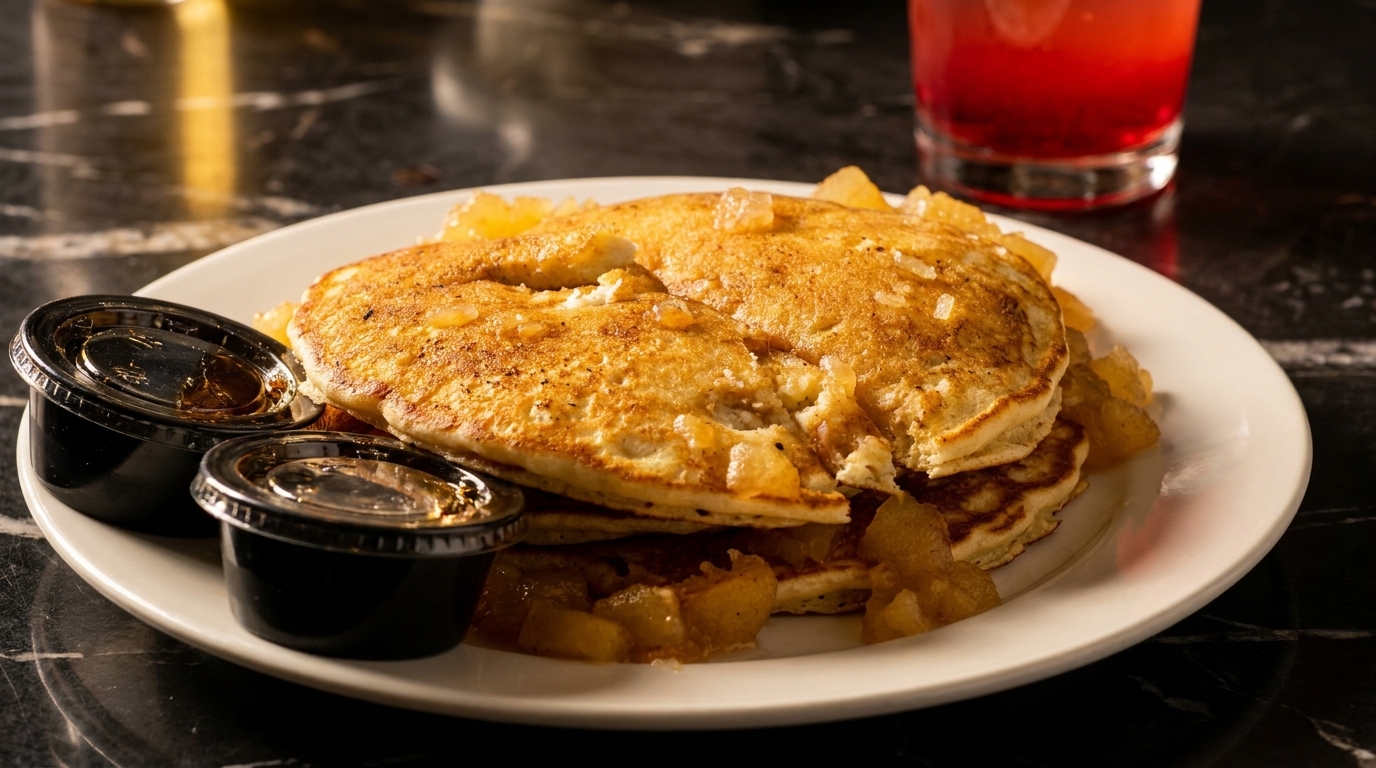 Golden pancakes topped with diced apples and two small containers of syrup on a white plate.
