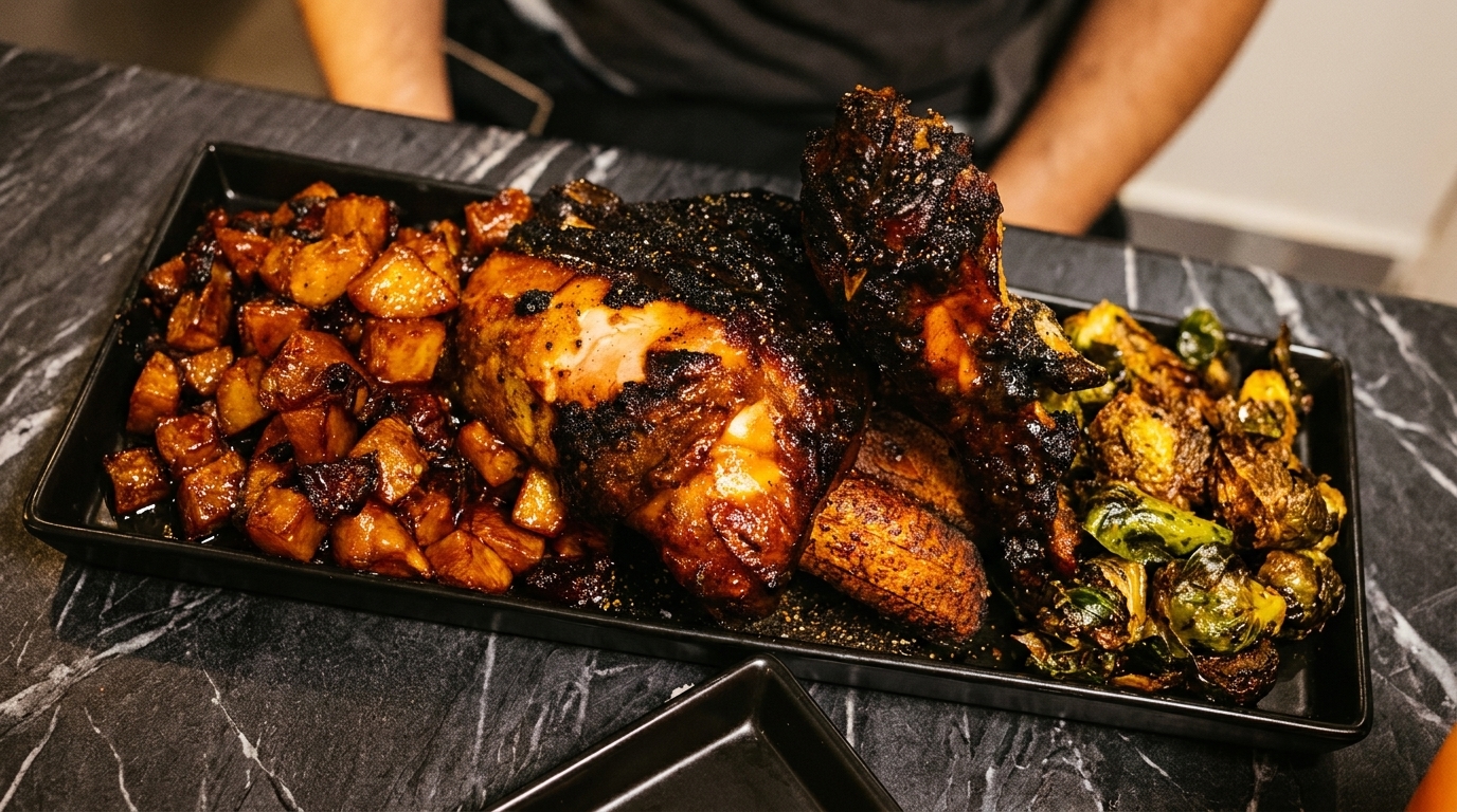 A black tray holds roasted chicken, potatoes, and Brussels sprouts on a marble table.
