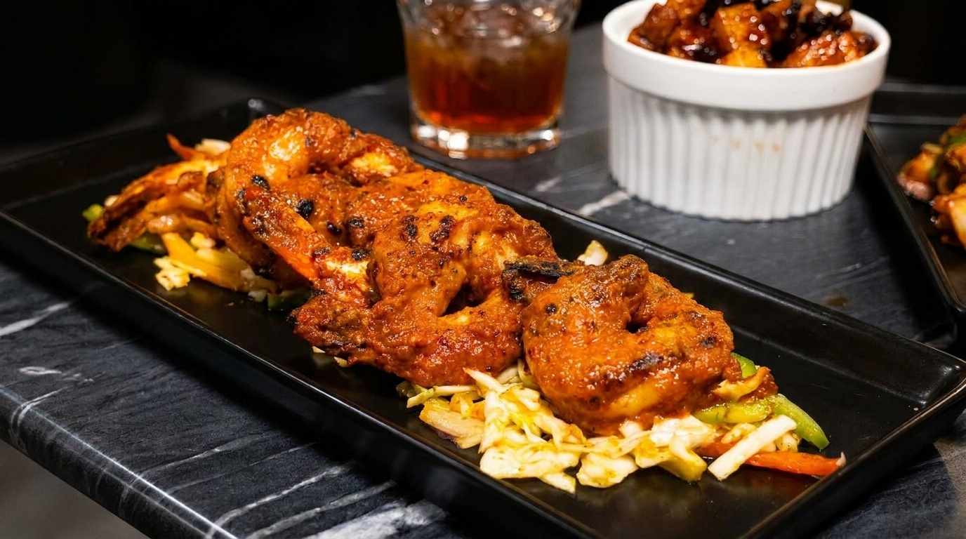 Grilled shrimp with red sauce on a bed of vegetables, with a drink and side dish in the background.