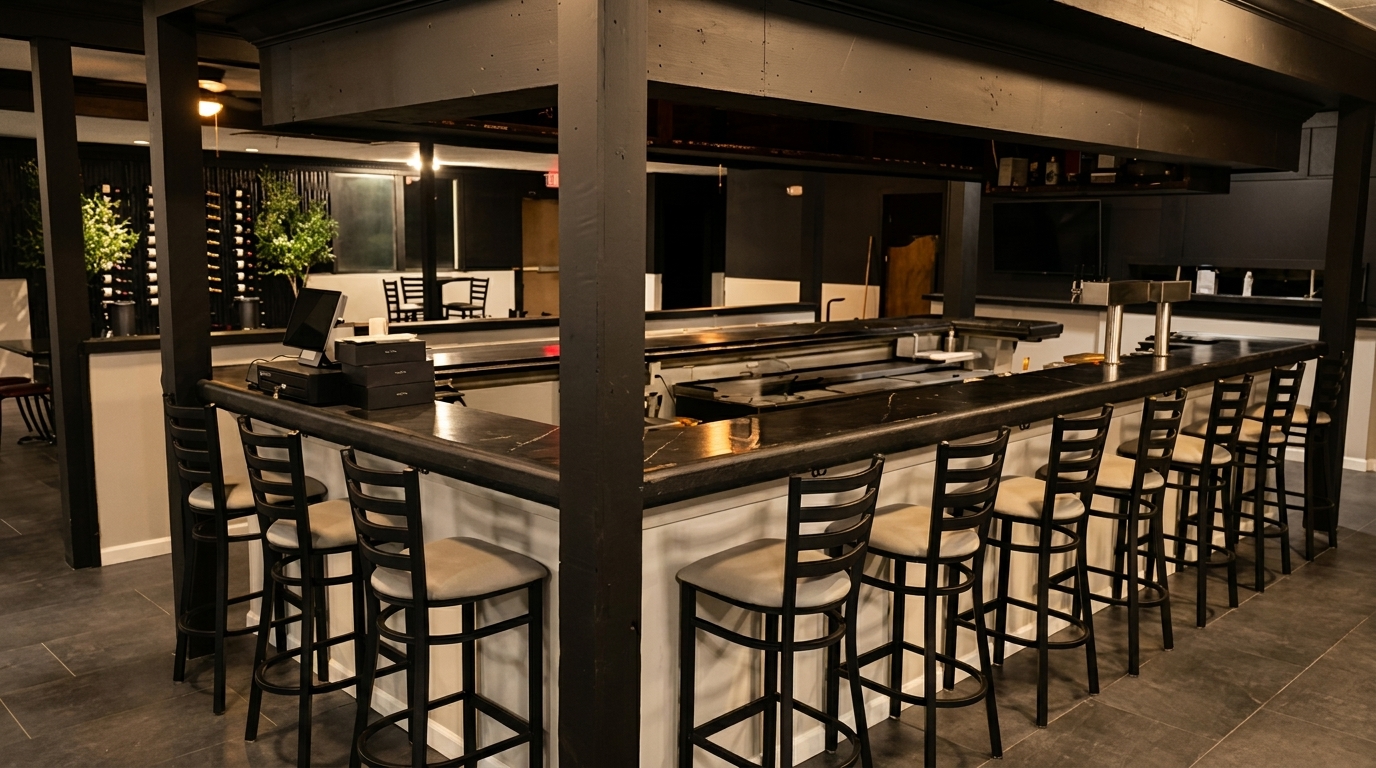 Empty bar area with dark counters, numerous bar stools, and dim lighting, showcasing a modern interior.