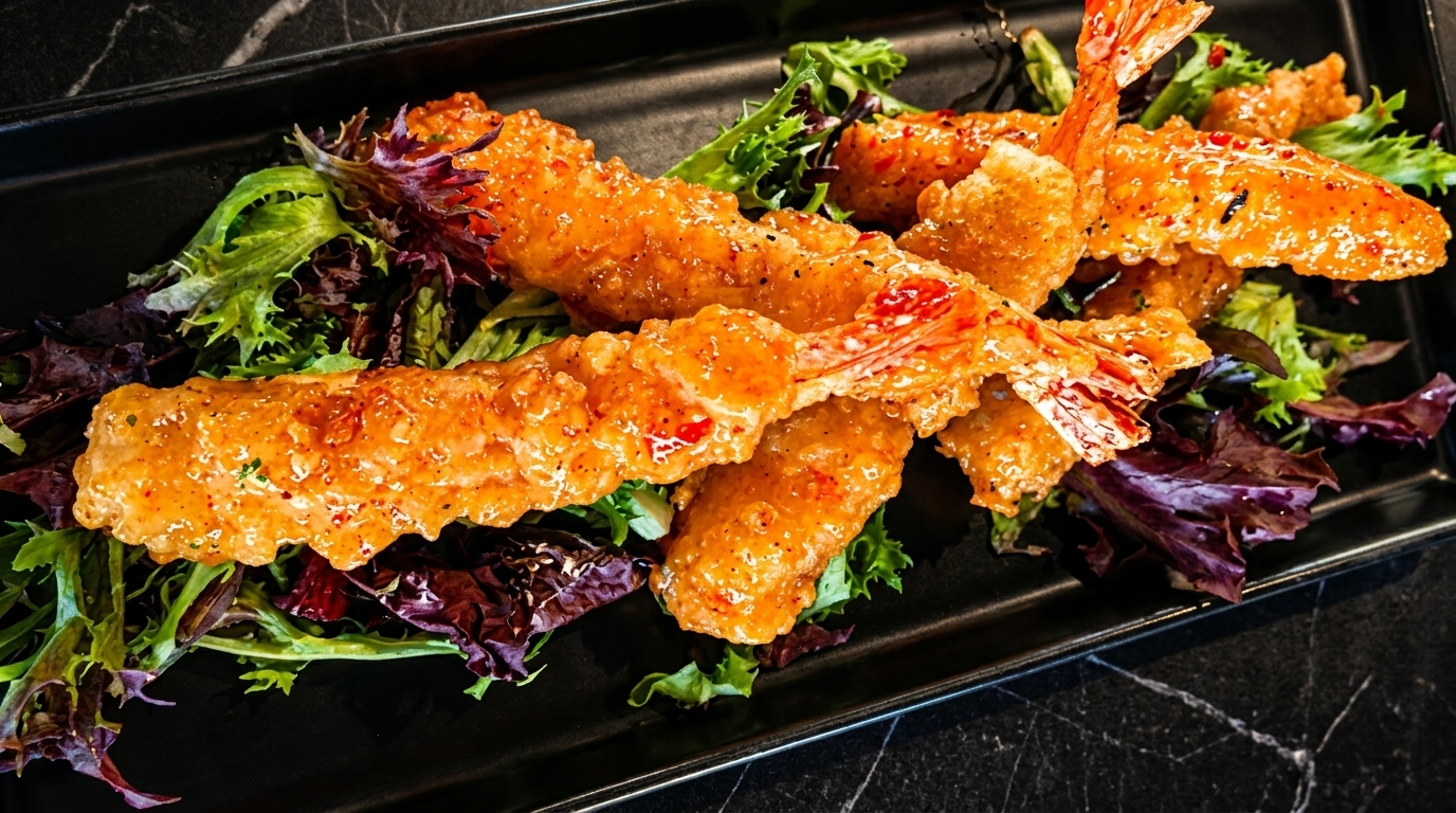 Crispy fried shrimp with a sweet chili glaze, served on a bed of mixed greens.