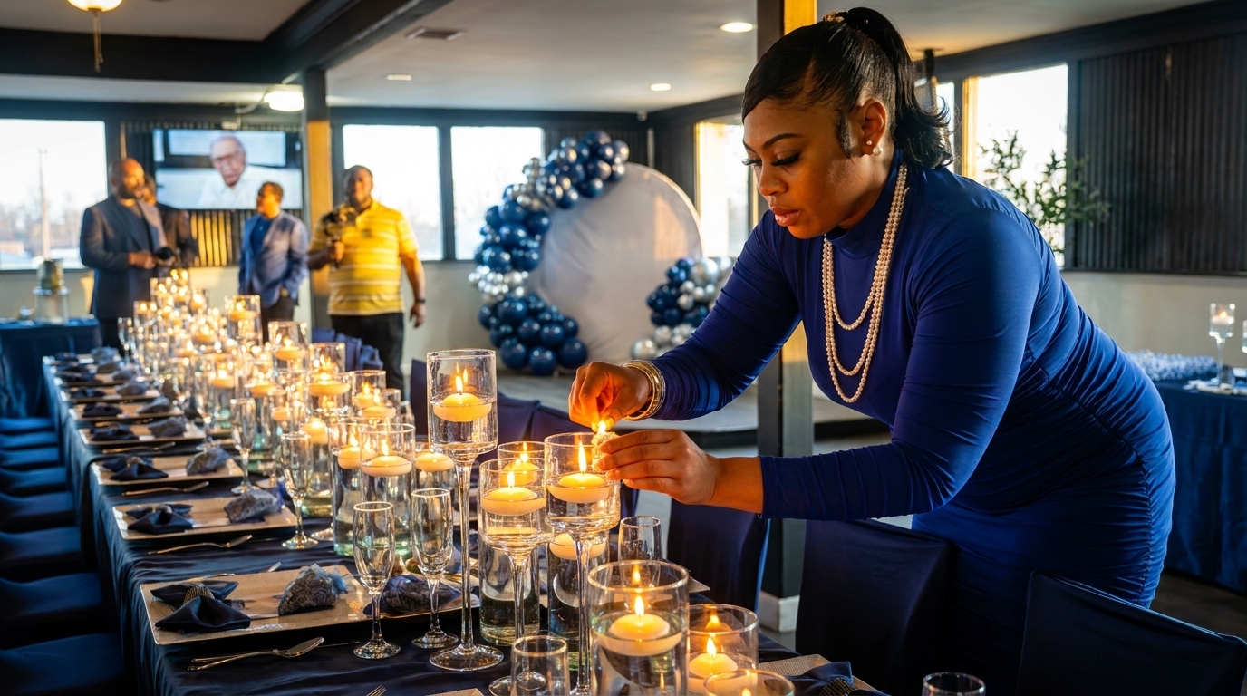 A woman in a blue dress lights candles on a long, elegantly set dining table with blue decor.