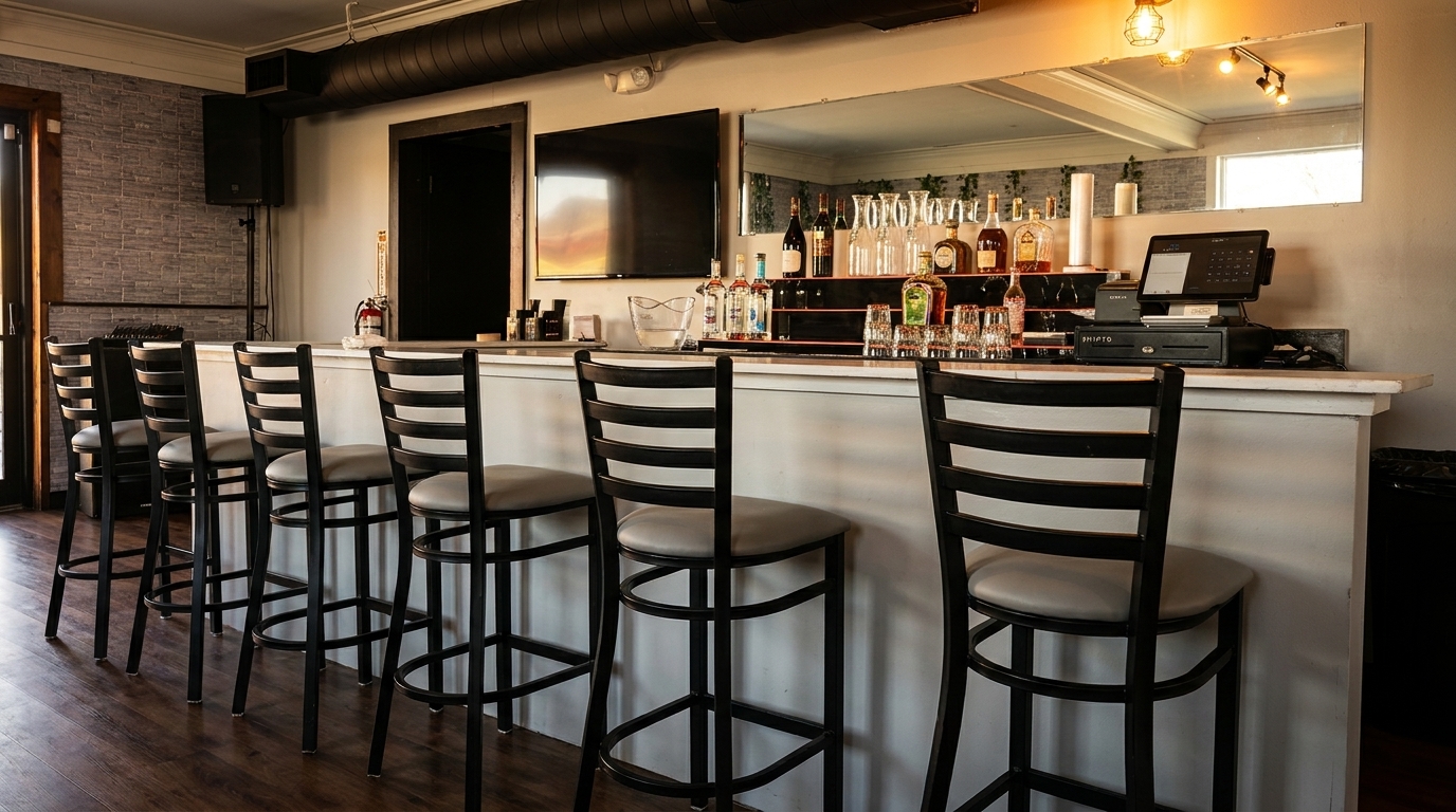 A well-lit bar area with five empty bar stools, liquor bottles, and a POS system.
