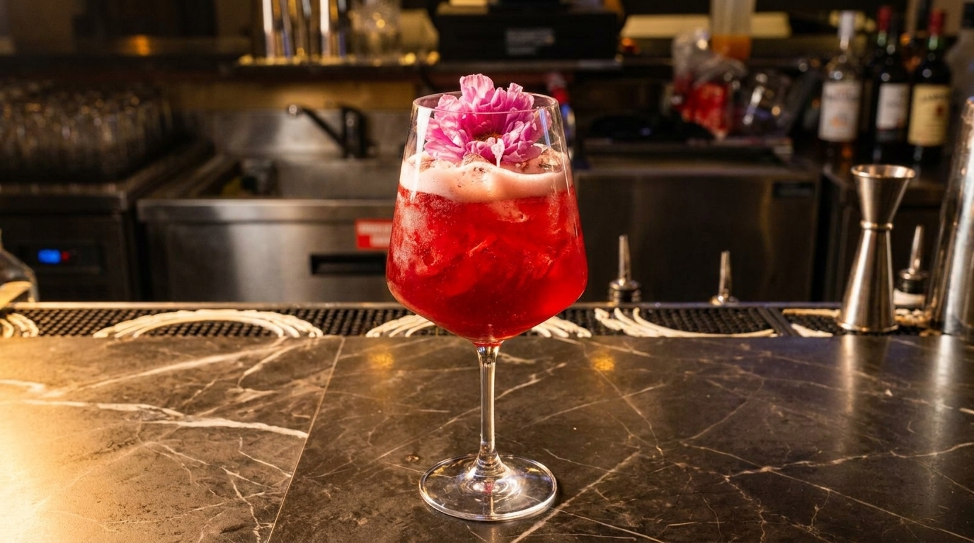 A vibrant red cocktail with foam and pink flower garnish sits on a dark marble bar.