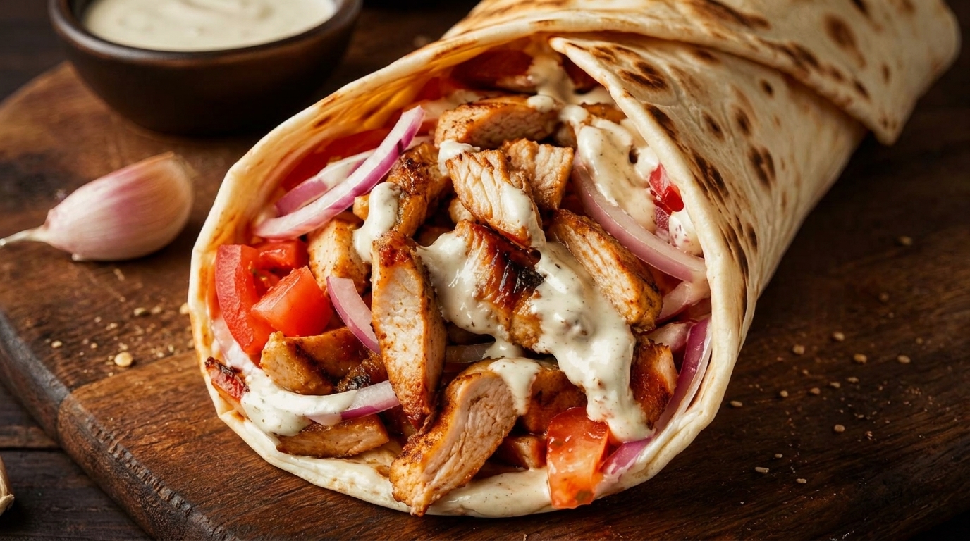 Chicken shawarma wrap with tomatoes, red onions, and white sauce on a wooden board.