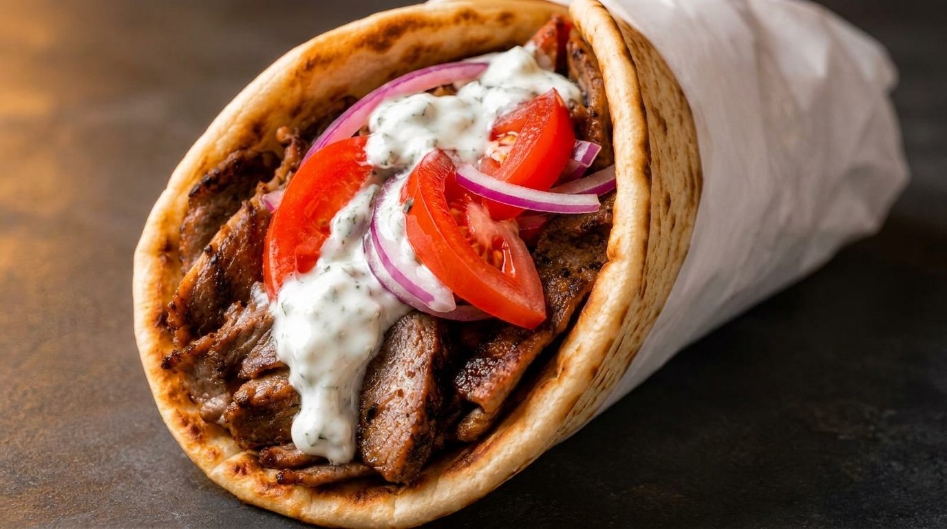 A delicious gyro with meat, tomatoes, red onions, and tzatziki sauce wrapped in pita bread.