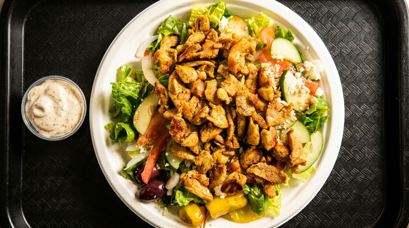 Overhead view of a chicken shawarma salad with dressing on a black tray.