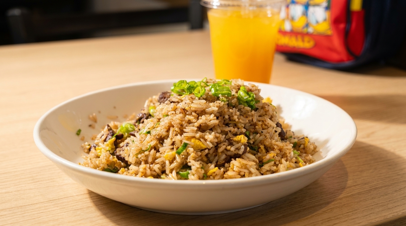 A white bowl of fried rice with green onions and a drink on a wooden table.